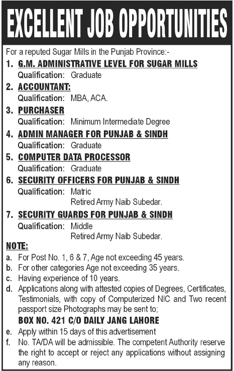 Sugar Mills in the Punjab Province Required Managerial/Admin Staff