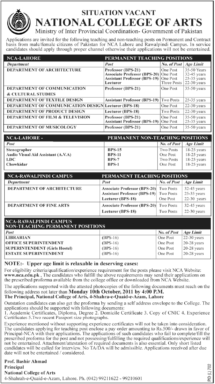 National College of Arts Required Faculty and Admin Staff