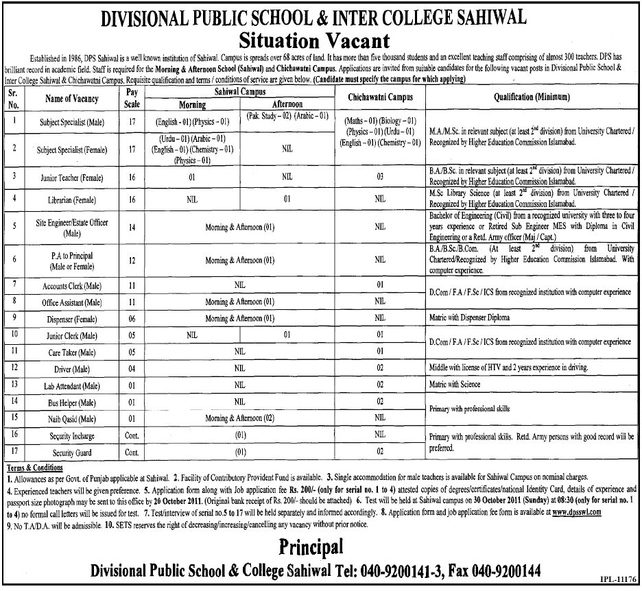 Divisional Public School & Inter College Sahiwal -  Situation Vacant