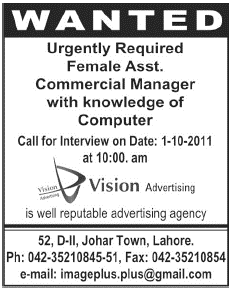 Vision Advertising Urgently Required a Female Asst. Commercial Manager