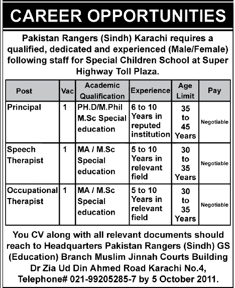 Pakistan Rangers (Sindh) Karachi Required Faculty for the Special Children School