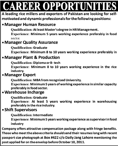 Managerical & Supervisory Staff Required by Rice Millers and Exporters of Pakistan