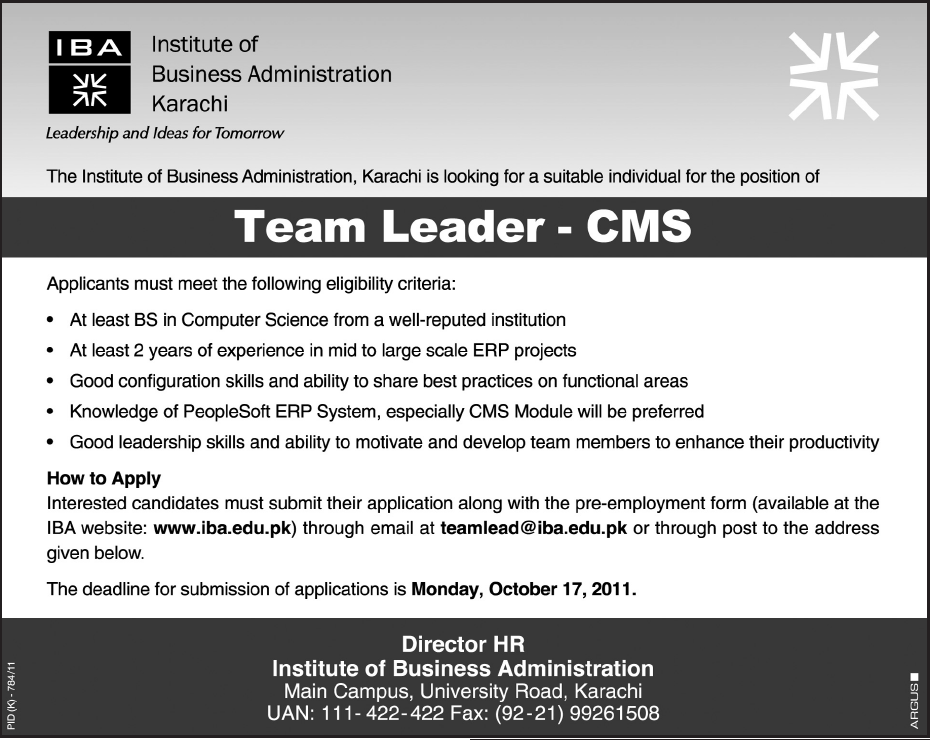IBA Required the Services of Team Leader-CMS