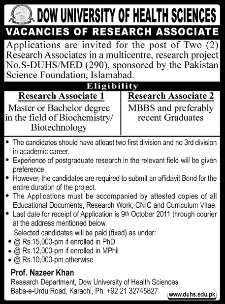 DOW University of Health Sciences. Vacancies of Research Associates