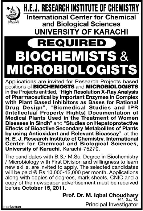 H.E.J Research Institute of Chemistry Reqired Biochemists & Microbiologists