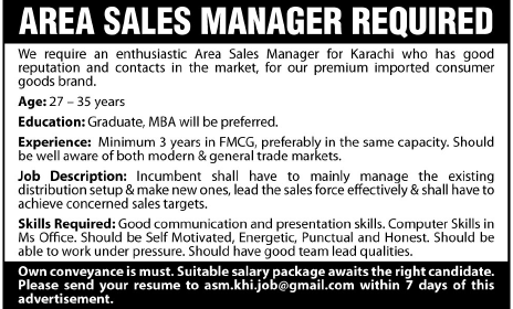 Area Sales Manager Required by an Organization