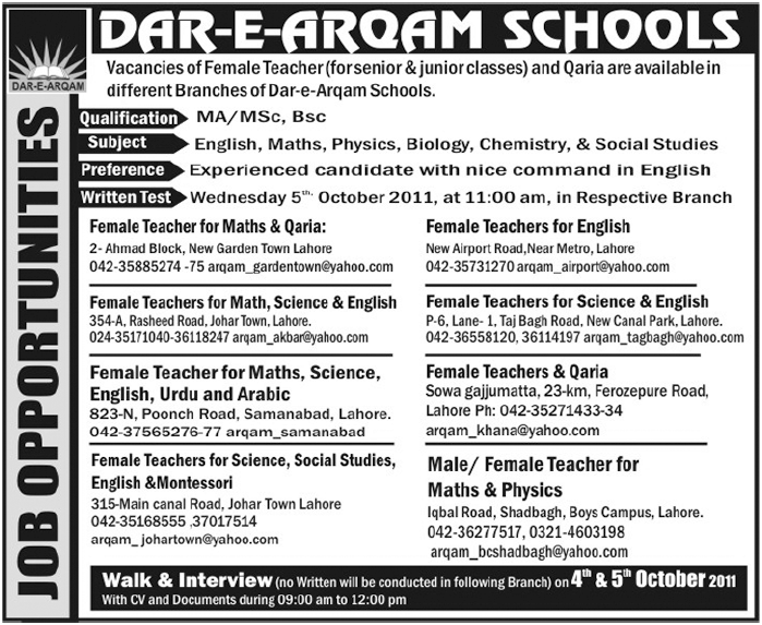 Dar E Aroam Schools Job Opportunity