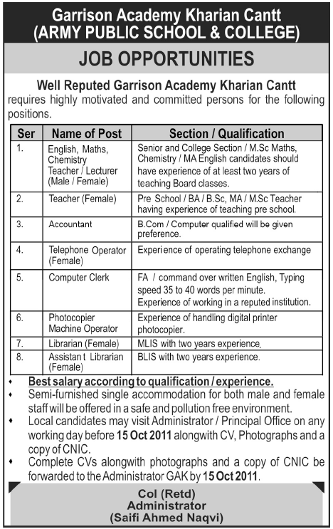 Garrison Academy Kharian Cantt Job Opportunities