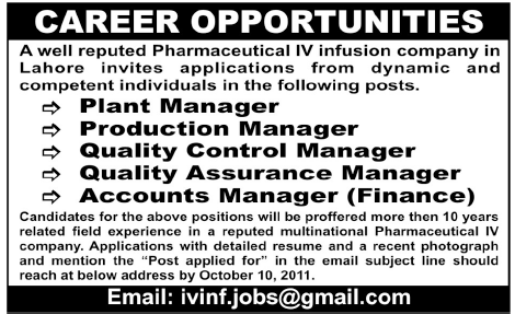 Managers Required by Pharmaceutical IV Infusion Company