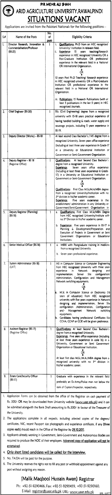 ARID Agriculture University, Rawalpindi Situations Vacant