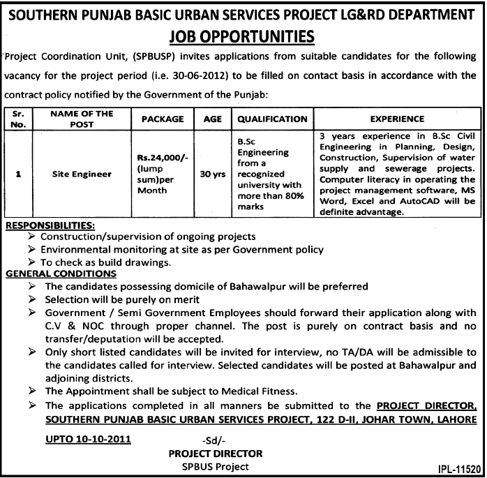 Southern Pubjab Basic Urban Services Project LG&RD Department Job Opportunities