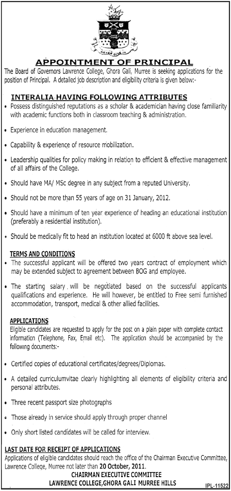 Appoinment  of Principal At Lawrence College, Ghora Gali