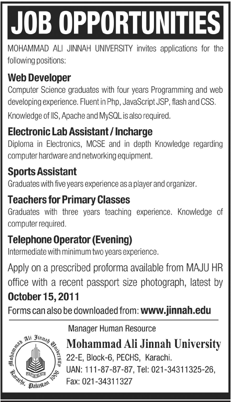 Mohammad Ali Jinnah University Job Opportunities