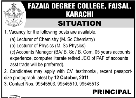Fazaia Degree College Required Faculty