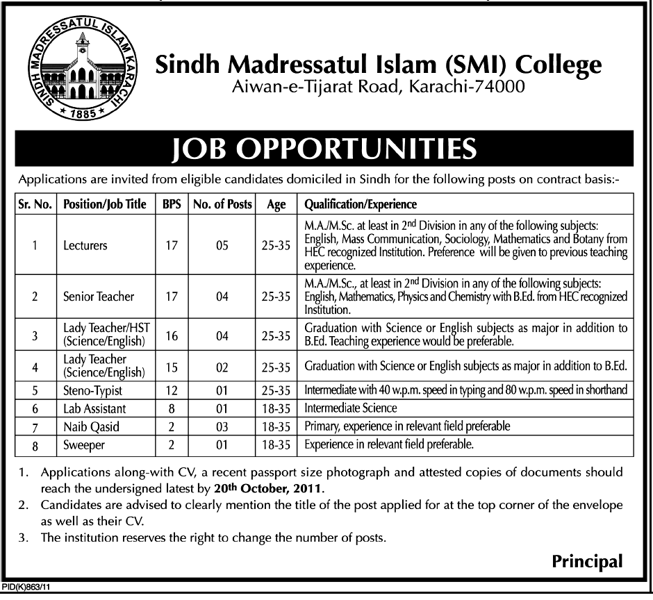Sindh Madressatul Islam Job Opportunities