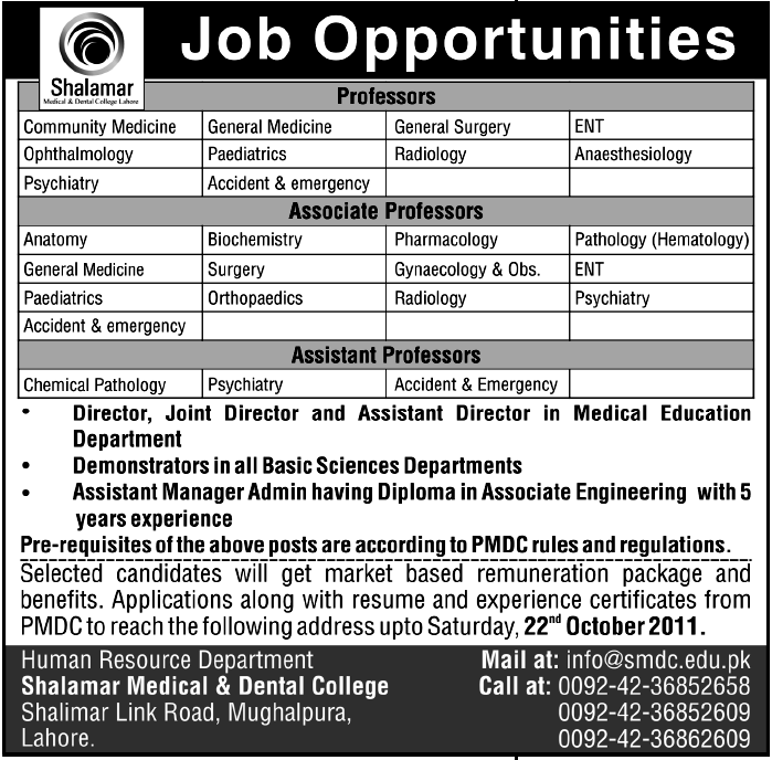 Shalamar Medical & Dental College Lahore Job Opportunites