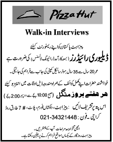 Pizza Hut Required Delivery Riders Walk in Interview