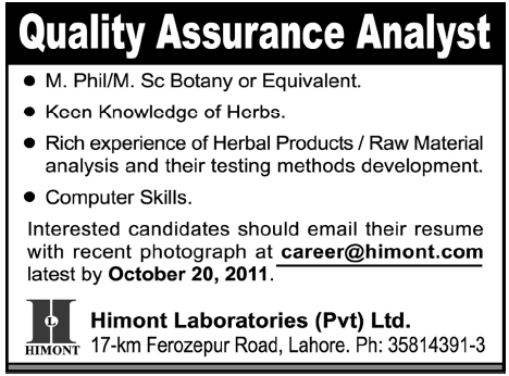 Himont Laboratories Pvt Ltd. Required the Services of Quality Assurance Analyst
