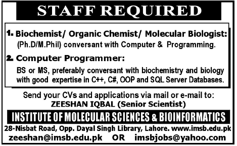 Institute of Molecular Sciences & Bioinformatics Required Staff