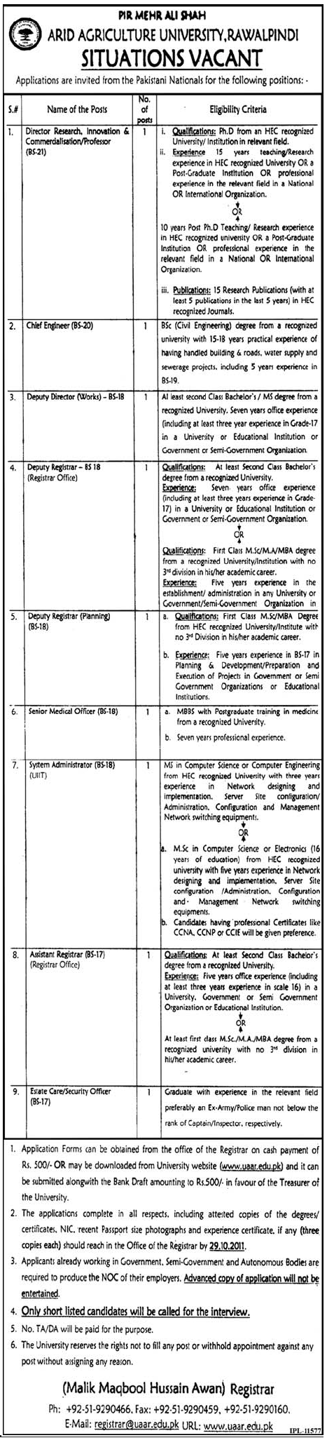 ARID Agriculture University, Rawalpindi Situations Vacant