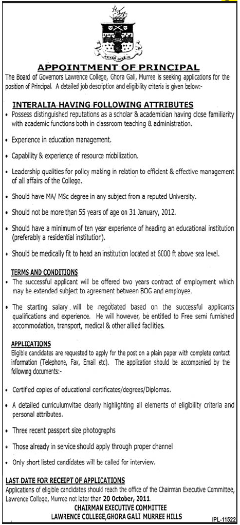 Appointment of Principal At Lawrence College, Ghora Gali
