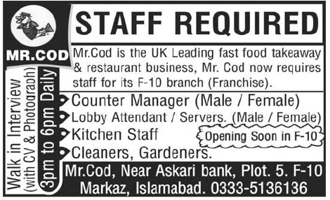 MR. COD Fast Foods Required Staff