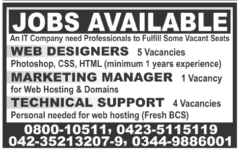An IT Company Required Web Designers, Marketing Manager and Technical Support Staff