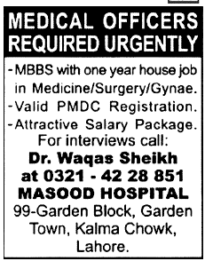 Masood Hospital Lahore Required Medical Officers Urgently