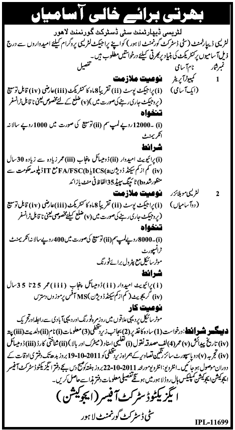 Literacy Department City District Government Lahore Job Opportunities