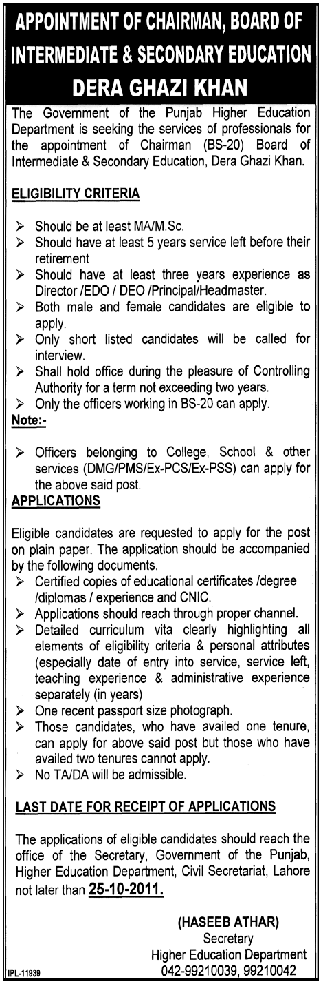 Appointment of Chairman, Board of Intermediate & Secondary Education, Dera Ghazi Khan