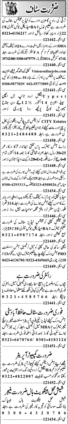 Misc. Jobs in Lahore Jang Classified 2