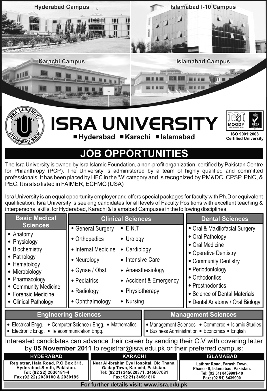 Faculty Required by ISRA University