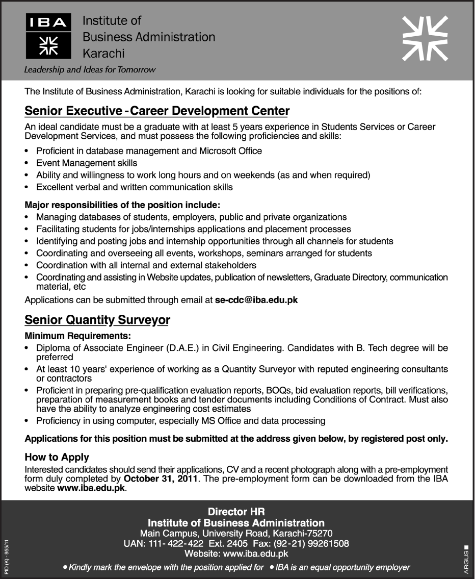 IBA Karachi Required the Services of Senior Executive & Senior Quantity Surveyor