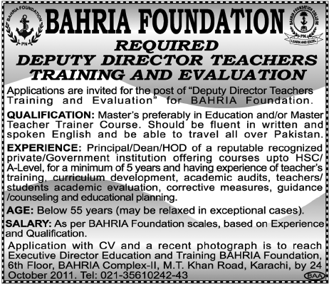 Bahria Foundation Required Deputy Director Teachers Training and Evaluation