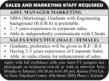 Sales and Marketing Staff Required by Karsaz Pvt Ltd