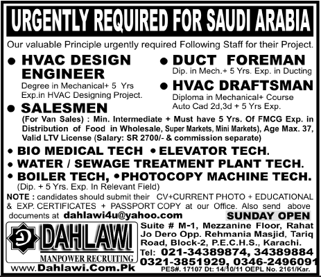 Urgently Required For Saudi Arabia