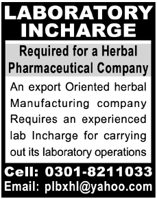 Laboratory Incharge Required bay a Herbal Pharmaceutical Company