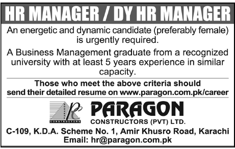 Paragon Constructors Pvt Ltd. Required HR Manager / Dy HR Manager
