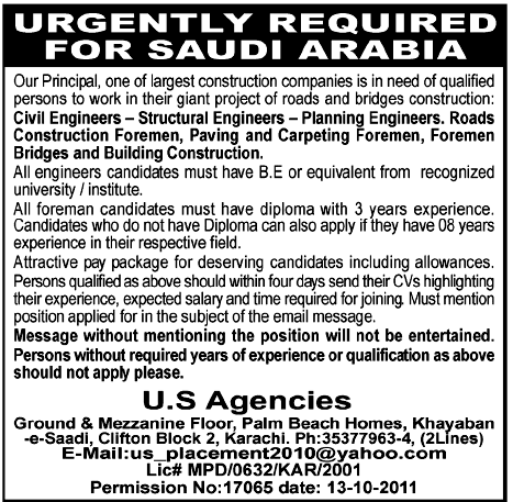 Urgently Required For Saudi Arabia