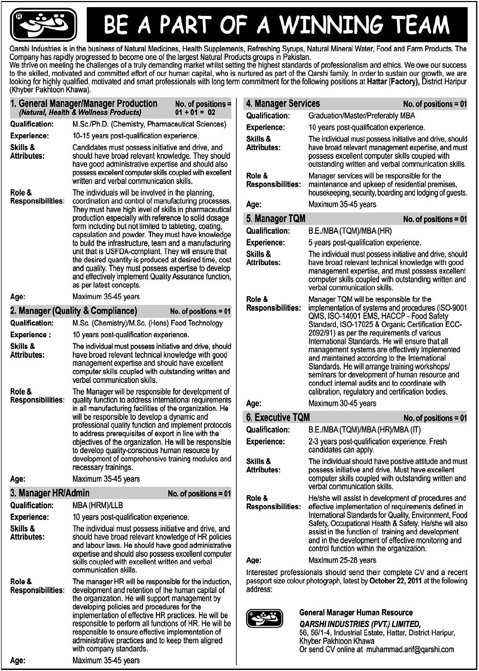 Career Opportunities in Qarshi Industries