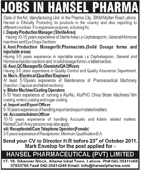 Jobs in Hansel Pharma