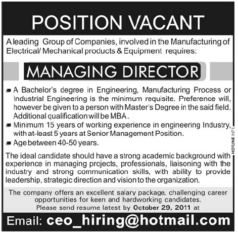 Managing Director Required by Group of Companies