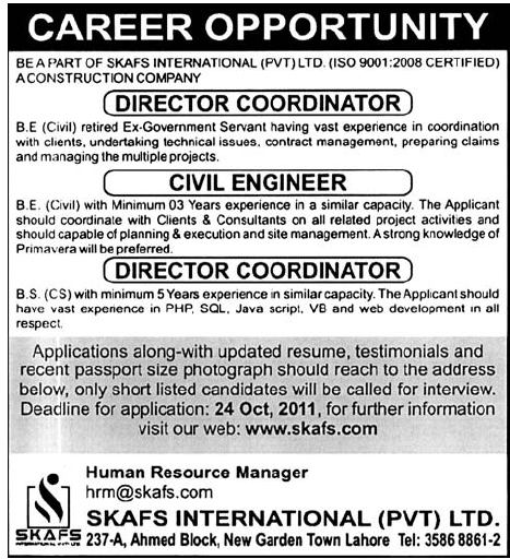 SKAFS International Pvt Ltd. Career Opportunity