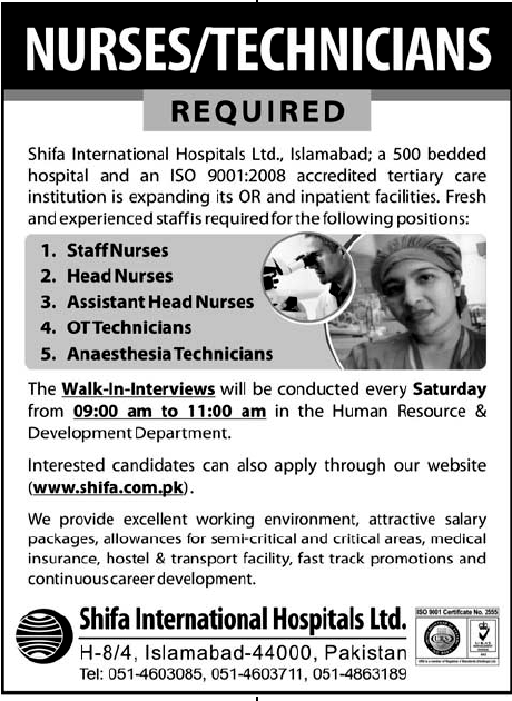 Shifa International Hospitals Ltd Required Nurses/Technicians