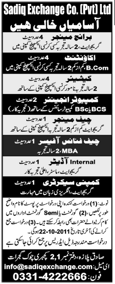 Sadiq Exchange Co. Pvt Ltd Required Staff