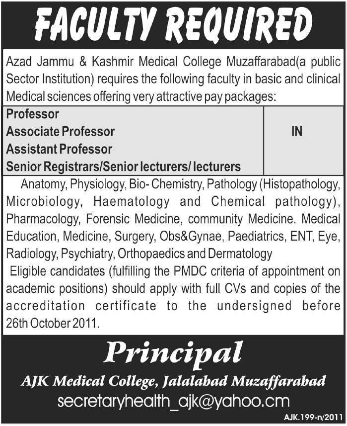 Azad Jammu & Kashmir Medical College Muzaffarabad Required Faculty