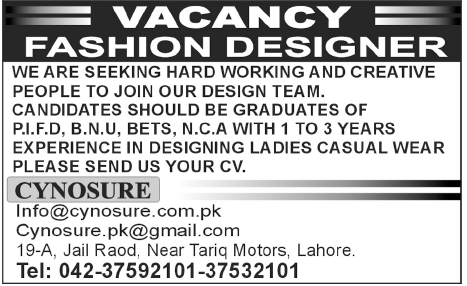 Fashion Designer Require by CYNOSURE