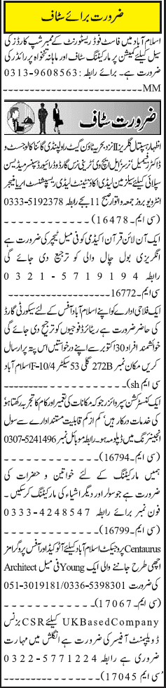 Misc. Jobs in Rawalpindi Jang Classified