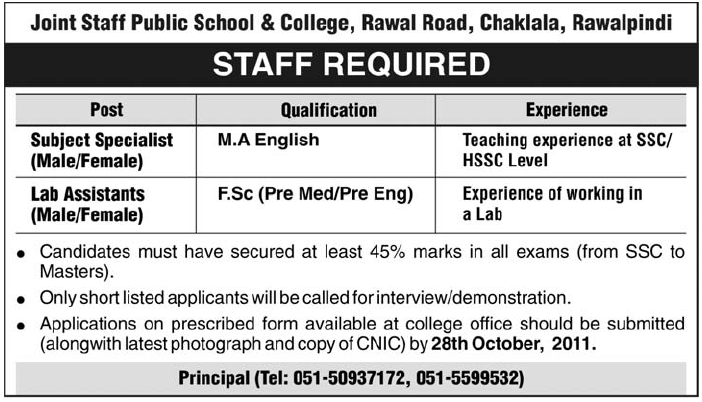 Joint Staff Public School & College, Rawalpindi Required Staff
