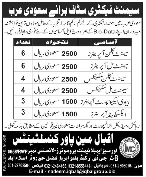 Cement Factory Required Staff for Saudi Arabia
